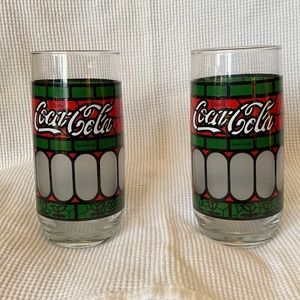Vintage Coca Cola Frosted Stained Glass Tiffany Style Red/Green Glasses